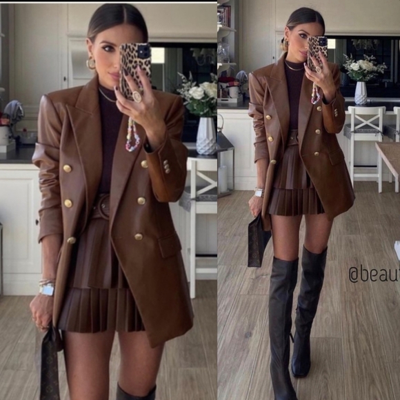 ZARA Faux Leather Brown Blazer Size S - Picture 2 of 16